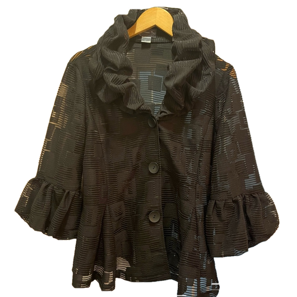 Damee Inc Artsy Black Sheer Textured Ruffle Wire Collar Peplum Jacket Large